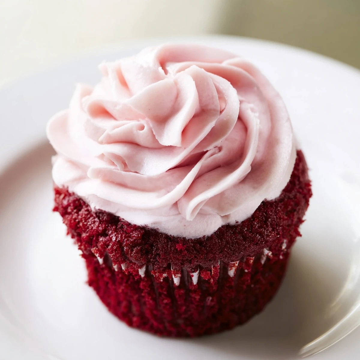 Freshly baked Red Velvet Cupcakes with Pink Cream Cheese Frosting, displayed on a white plate next to a red striped napkin.