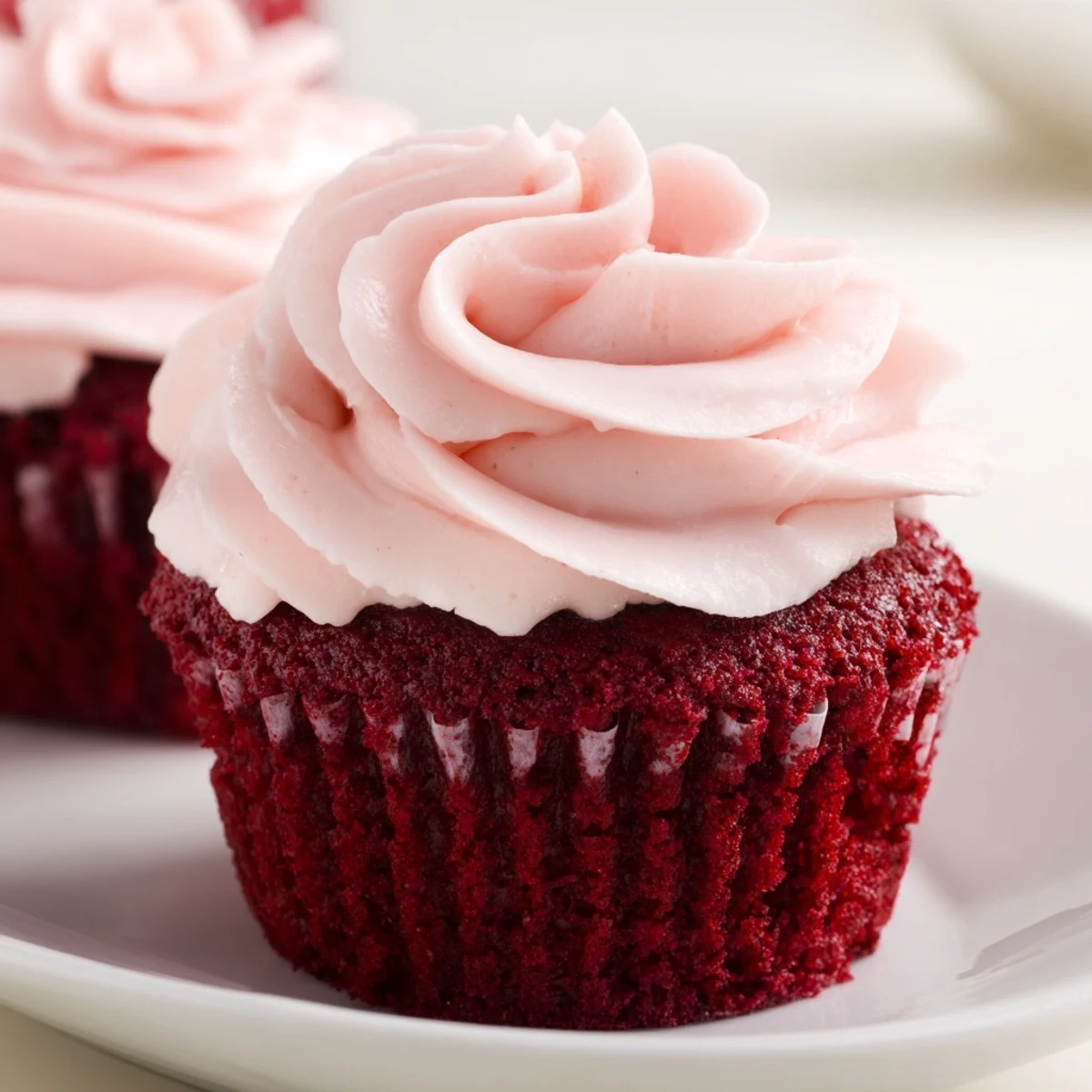 Close-up of Red Velvet Cupcakes with Pink Cream Cheese Frosting, highlighting the moist red crumb and silky pink swirls.