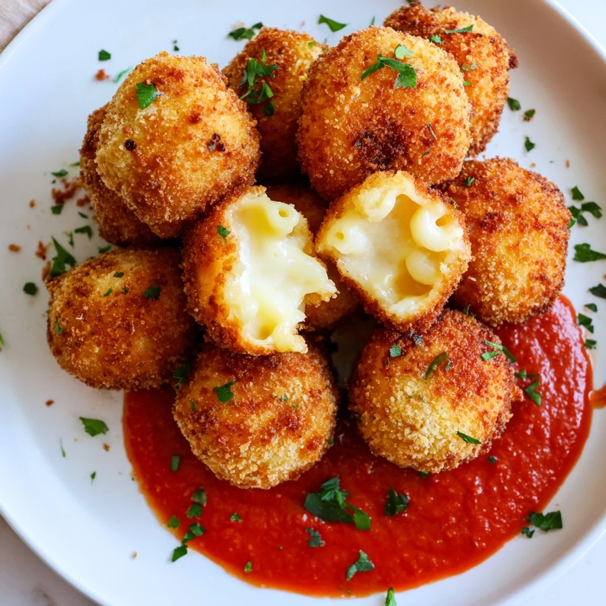 Crispy Fried Macaroni and Cheese Balls with marinara dip on a white plate, revealing a creamy cheddar center.