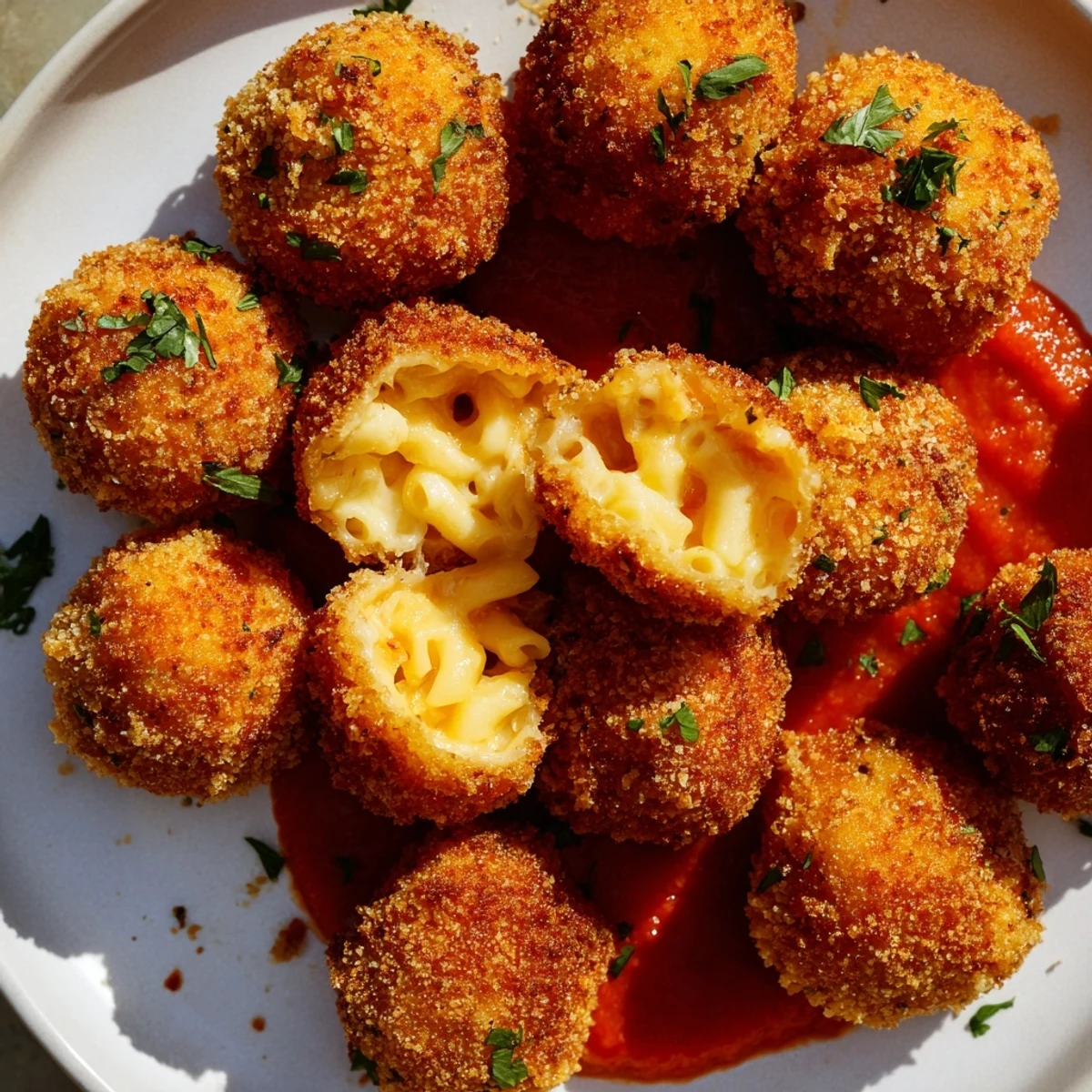 Platter of bite-sized Fried Macaroni and Cheese Balls, crunchy outside and gooey cheesy interior, ready to serve.