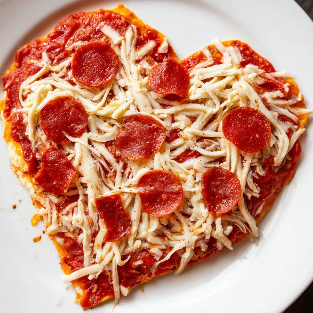A close-up of a fresh Heart Shaped Beef Pepperoni Pizza with golden crust and melty mozzarella.  