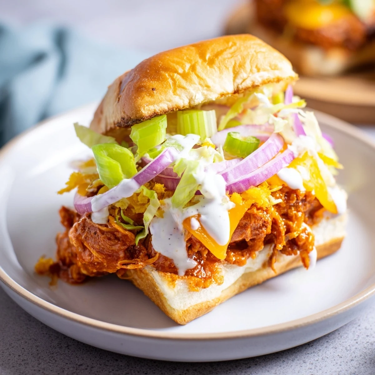 Festive Buffalo Chicken Sliders arranged with extra ranch drizzle, perfect for game day gatherings and casual parties.