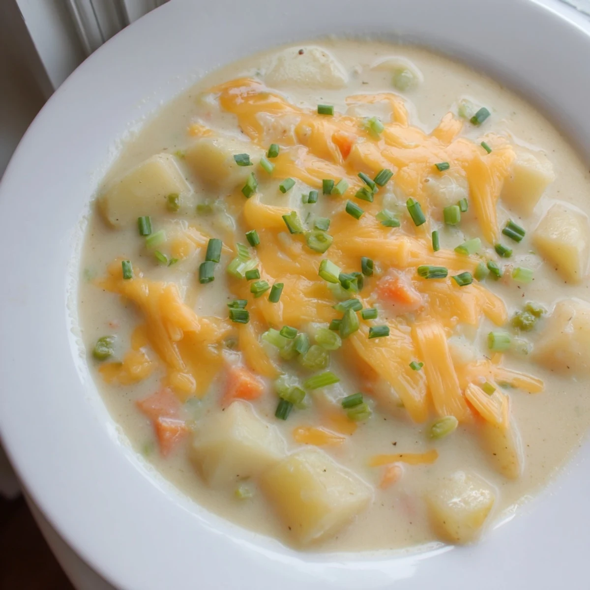 A warm bowl of Irish Potato Soup with Cheddar and Chives, featuring a creamy texture and a bright garnish of fresh chives.