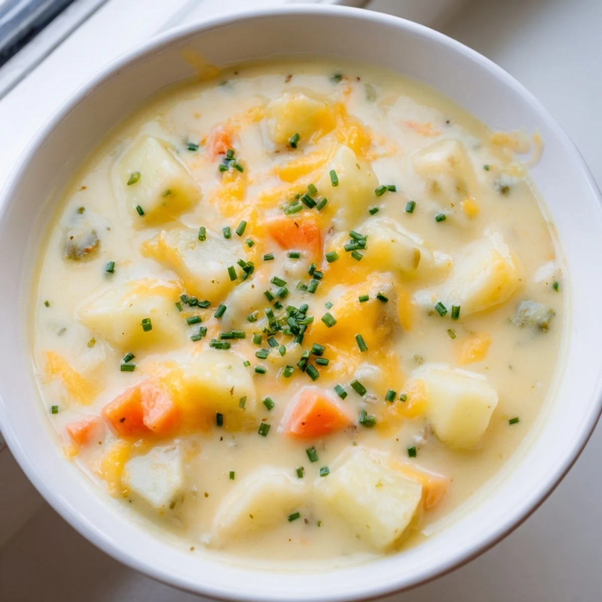 A rustic ceramic bowl filled with Irish Potato Soup with Cheddar and Chives, served alongside a crusty slice of bread.