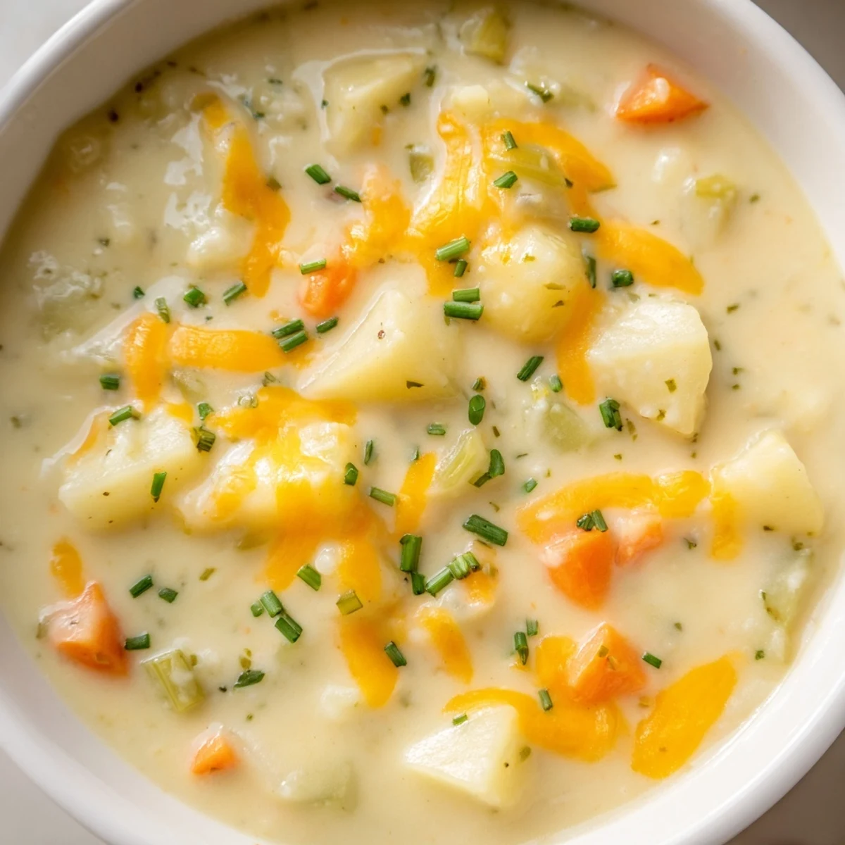 A pot of Irish Potato Soup with Cheddar and Chives simmers on the stove, bubbling with rich, cheesy, savory aromas.