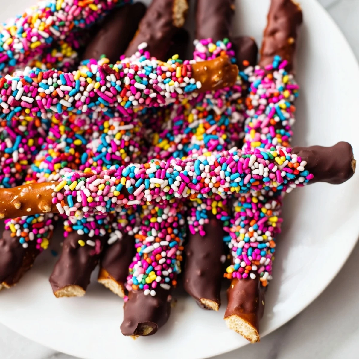 Close-up of chocolate-dipped pretzels with festive Valentine's Day sprinkles, perfect for parties or gifts.