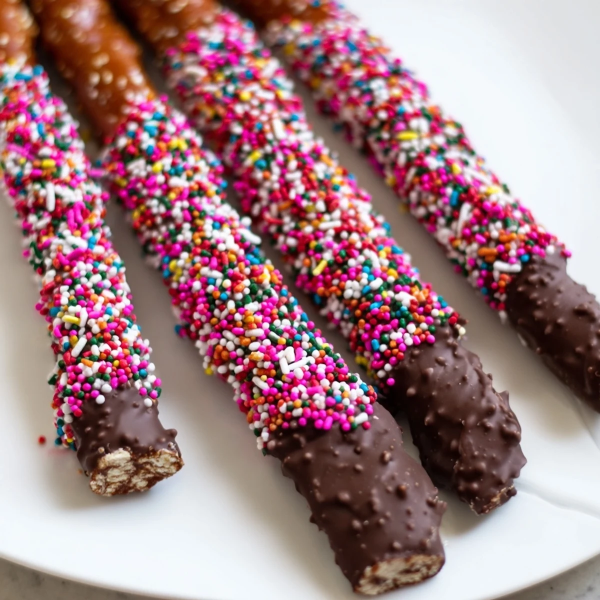 Pretzel rods dipped in creamy chocolate and sprinkled with Valentine-themed sprinkles for a sweet, salty treat.