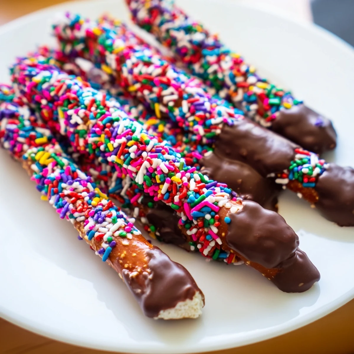 Valentine Sprinkles cover half of crunchy pretzel rods dipped in smooth, melted chocolate for snacking.