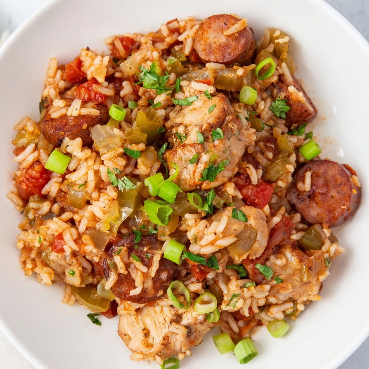 A hearty bowl of jambalaya with chicken and turkey andouille sausage, garnished with fresh parsley and green onions.