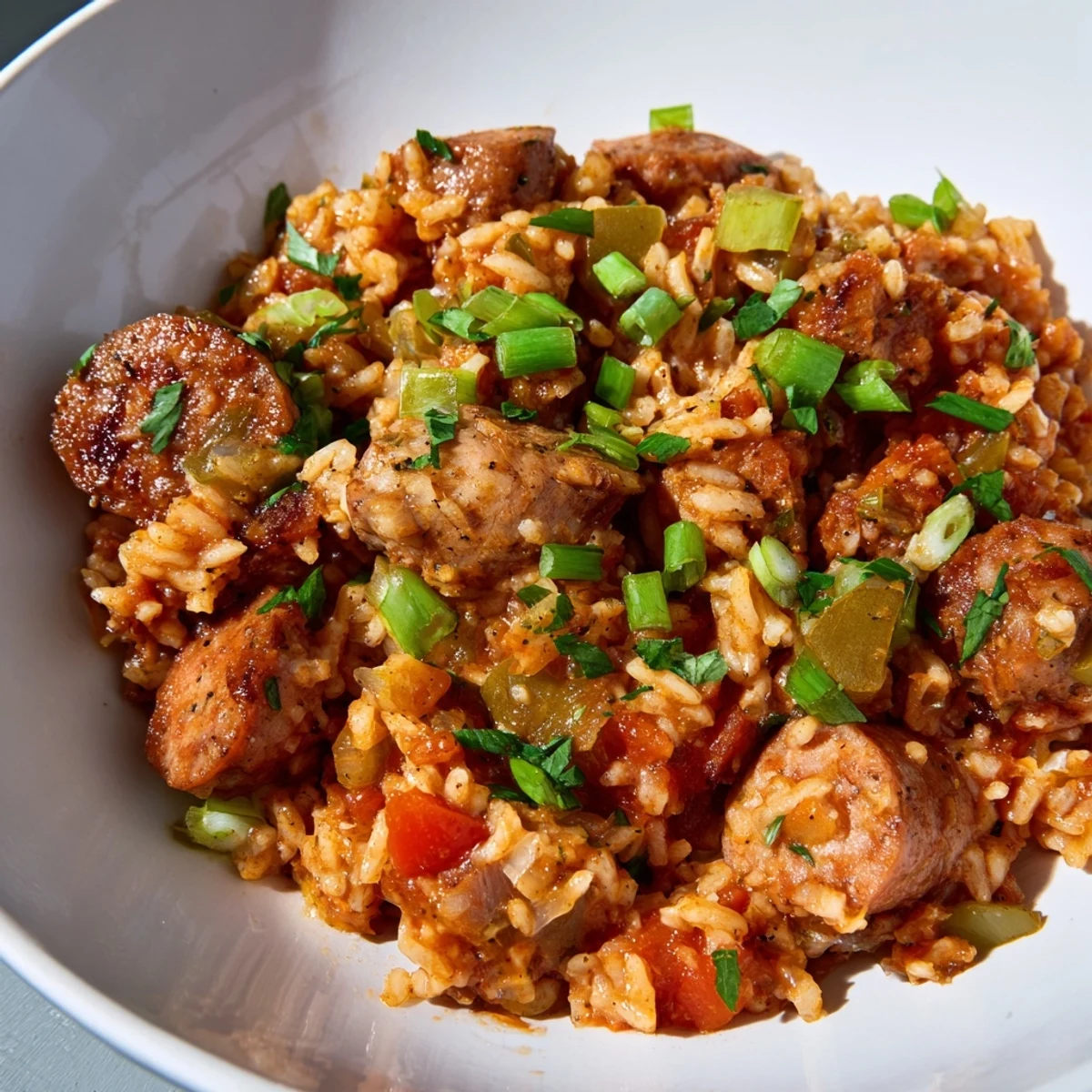 A skillet of bubbling jambalaya with chicken and turkey andouille sausage, served alongside fluffy rice and crusty bread.