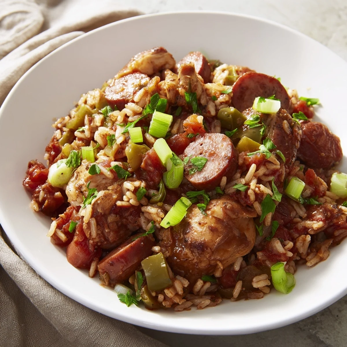 Close-up of jambalaya with chicken and turkey andouille sausage, showcasing tender meat and vibrant peppers in a rich sauce.