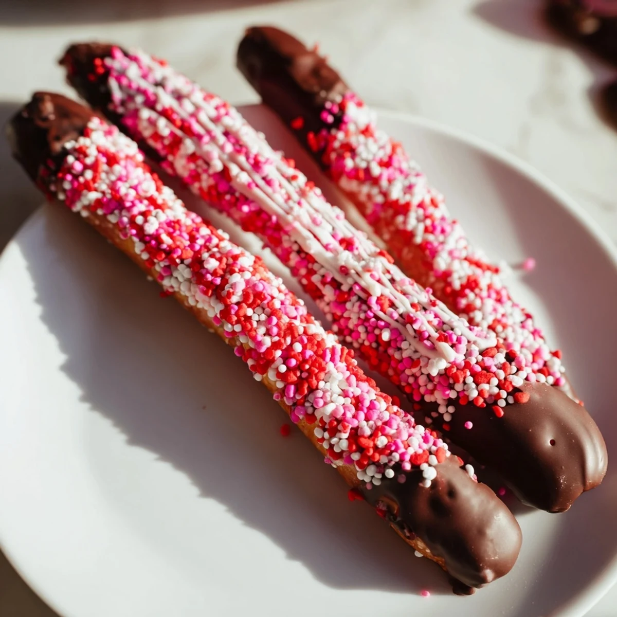 Glossy pretzel rods dipped in smooth chocolate and sprinkled with red and pink Valentine sprinkles, arranged on parchment paper.  