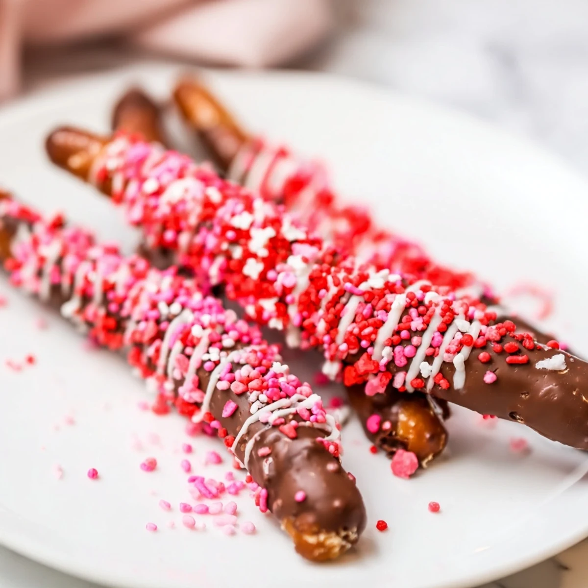 Sweet and salty Chocolate Dipped Pretzels with Valentine Sprinkles ready to serve, with a glass of milk beside them.