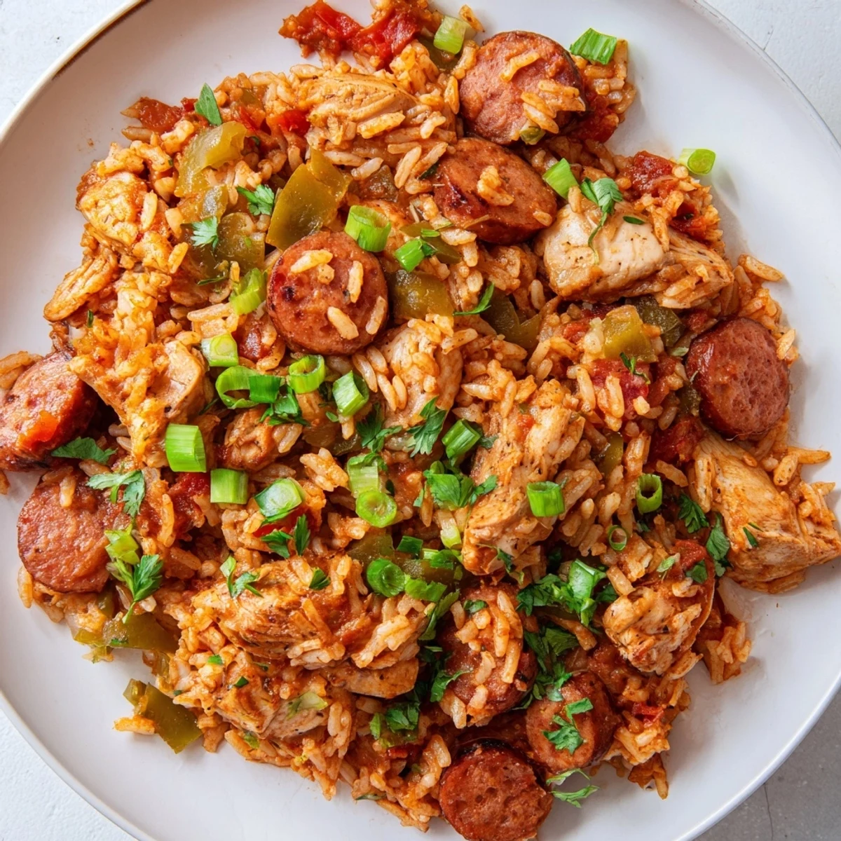 A rustic Dutch oven filled with Jambalaya with Chicken and Turkey Andouille Sausage, steam rising from the tomato-infused rice and peppers, ready for a family-style dinner spread.