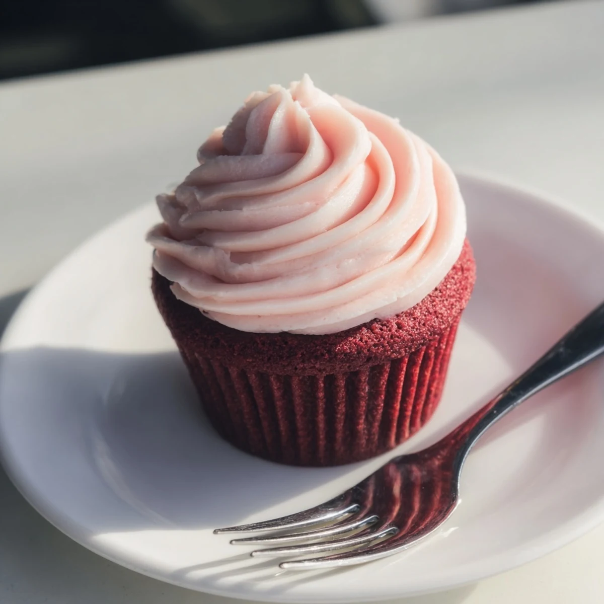 Twelve vibrant red velvet cupcakes topped with swirls of creamy pink cream cheese frosting, displayed on a white platter.  
