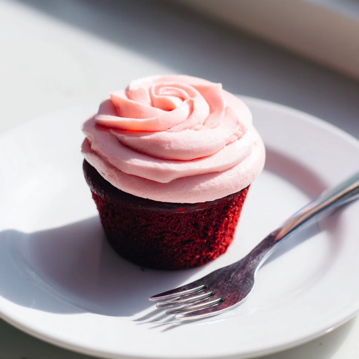 Moist red velvet cupcakes with smooth, pastel pink cream cheese frosting, ready to serve for a sweet celebration.