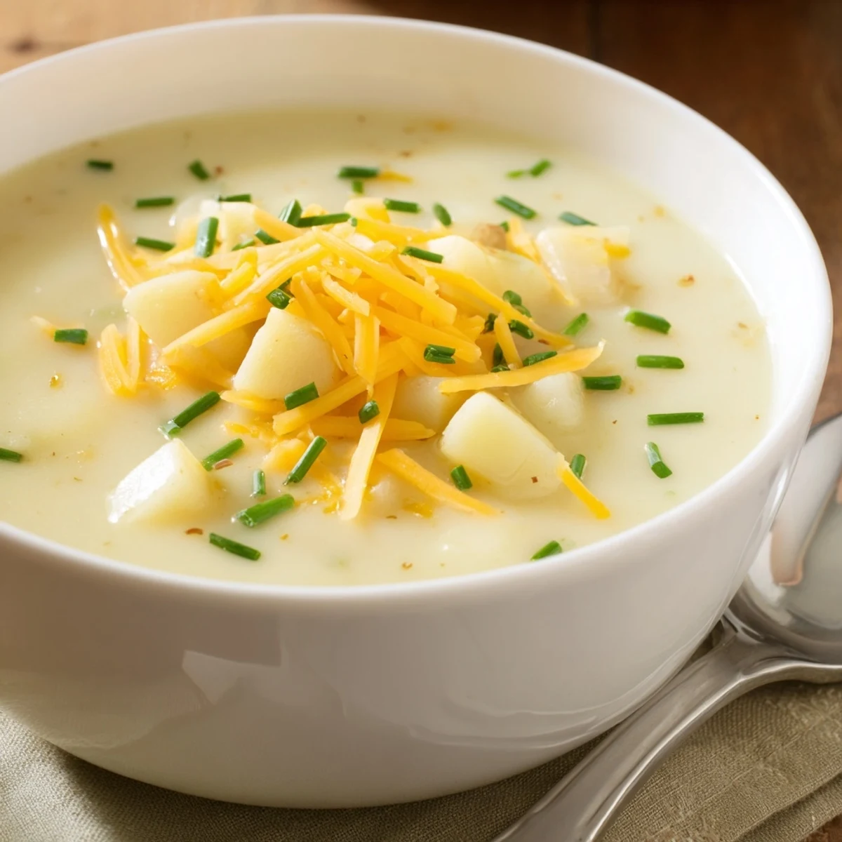 Creamy Irish Potato Soup with Cheddar and Chives in a rustic bowl, garnished with fresh chives and extra sharp cheddar, ready to serve with crusty bread.  