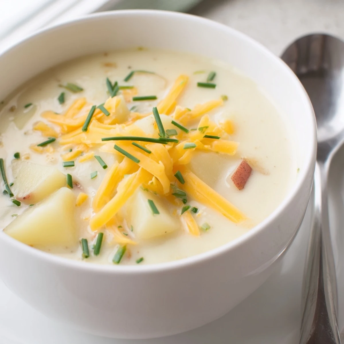 Steaming pot of Irish Potato Soup with Cheddar and Chives, blended to a velvety texture, with carrots and celery adding color and flavor.