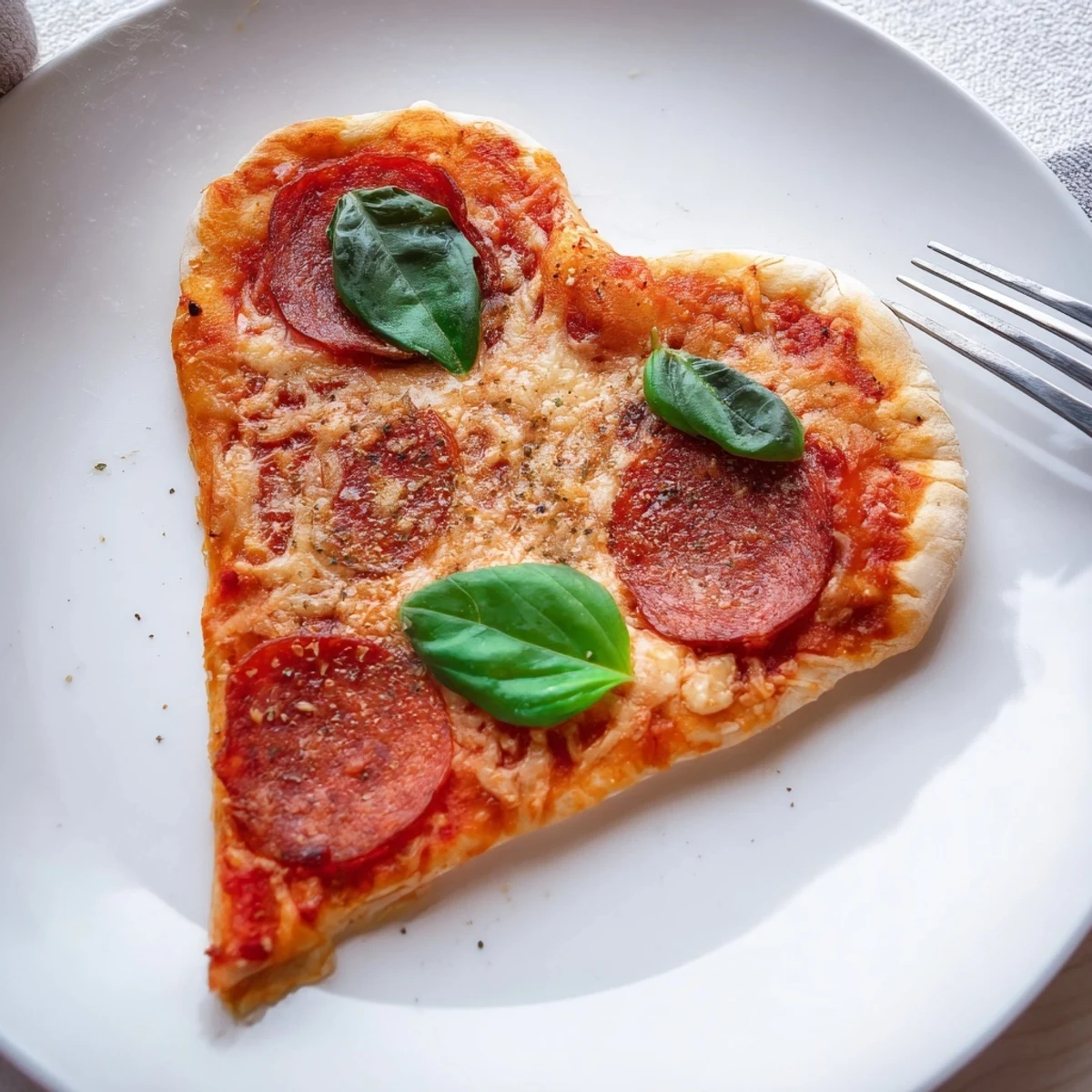 A close-up view of a heart shaped beef pepperoni pizza, showcasing melted mozzarella, zesty tomato sauce, and fresh basil, ready to be sliced for a romantic meal.