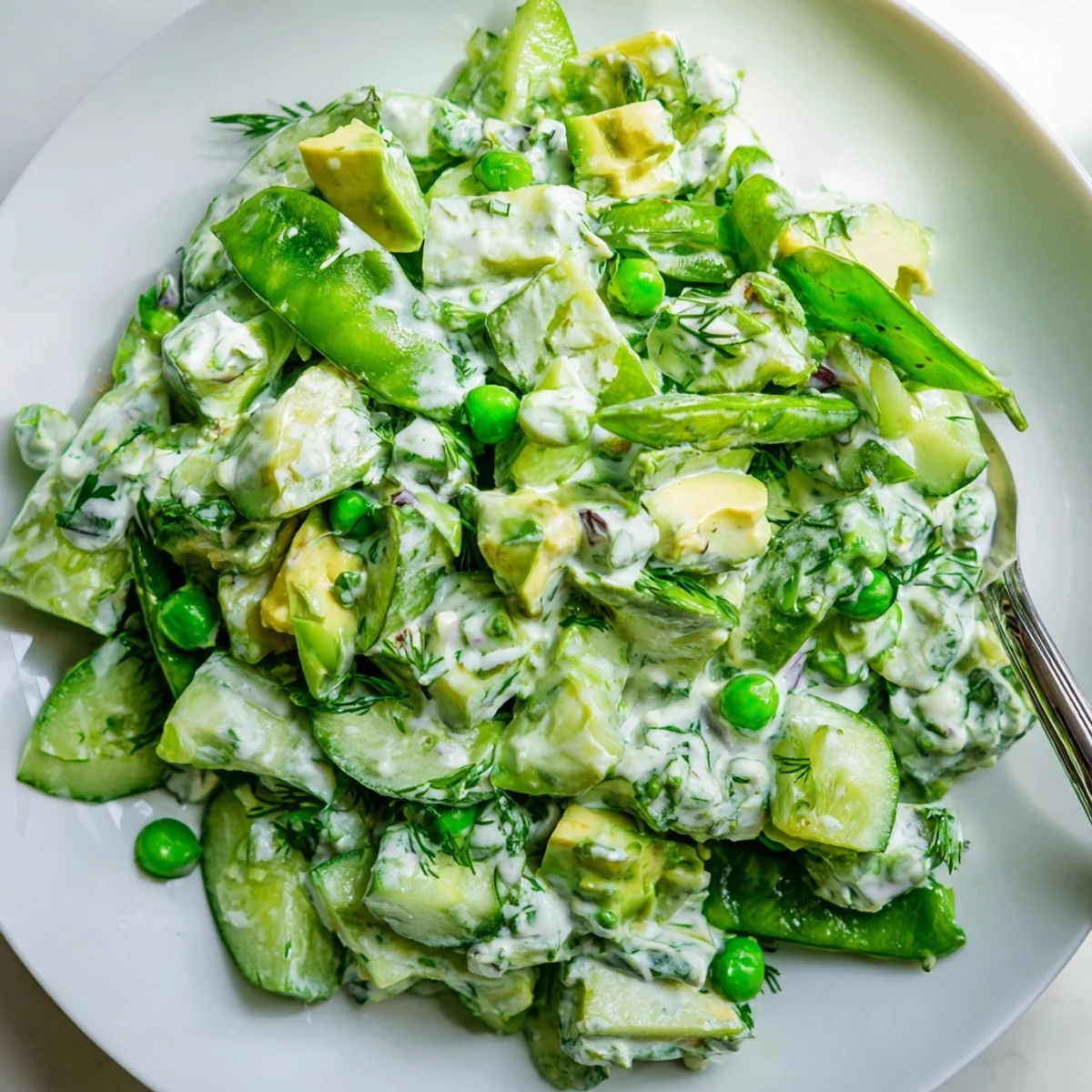 A close-up of Green Goddess Salad with Cucumber and Avocado, showcasing diced cucumber and creamy avocado chunks tossed with herbs.