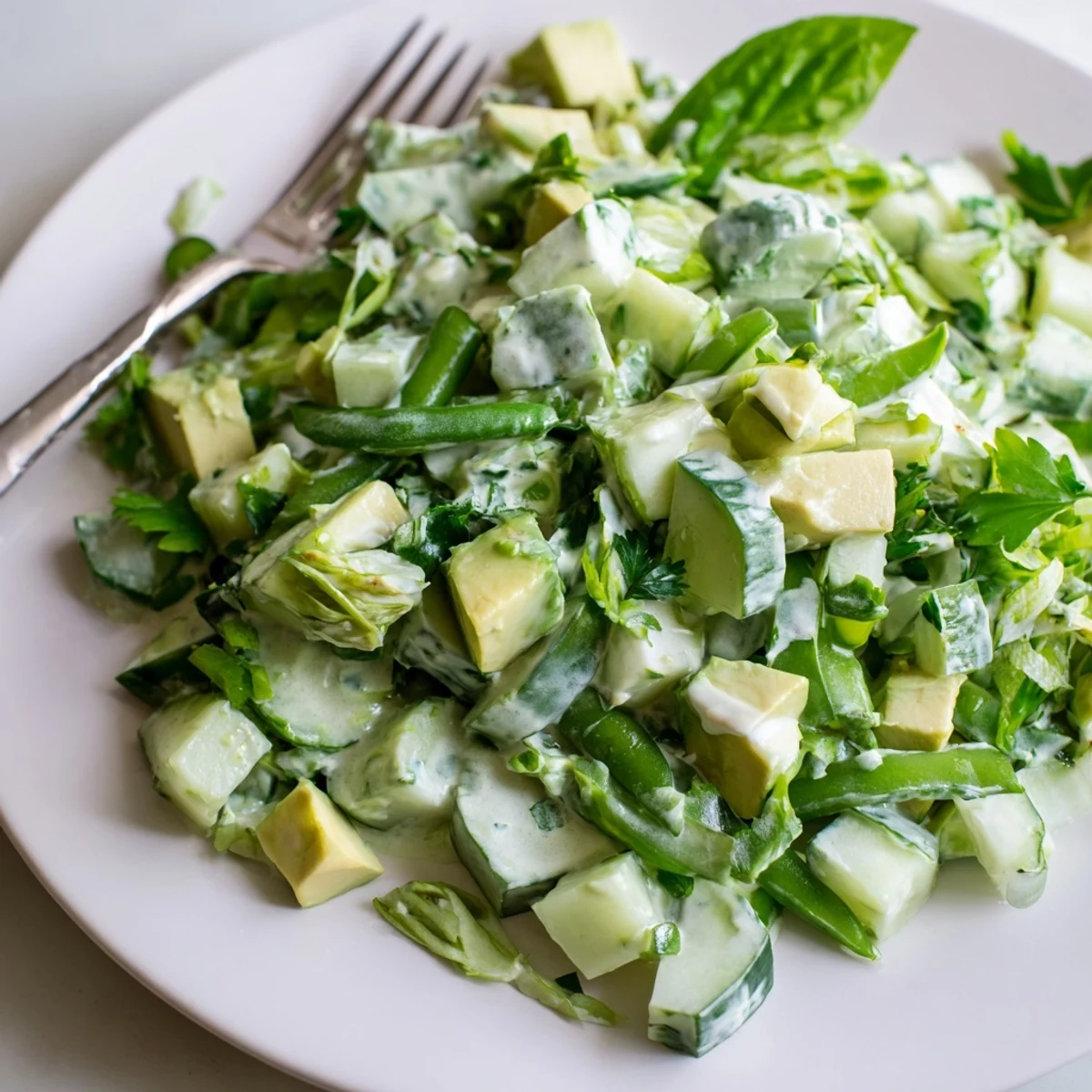 Freshly tossed Green Goddess Salad with Cucumber and Avocado, featuring crisp romaine and snap peas ready for a light lunch.