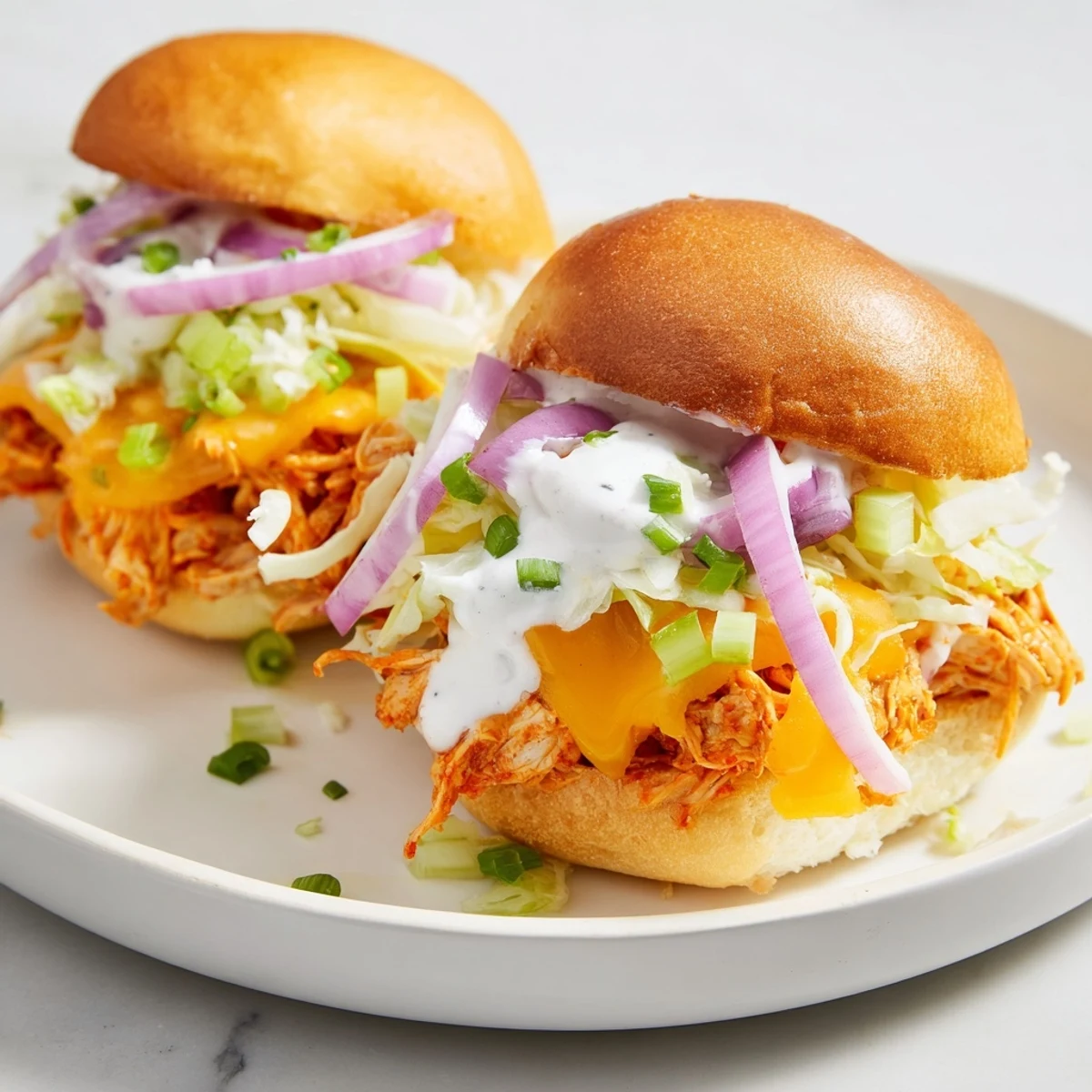 Soft slider buns hold spicy buffalo chicken, crisp lettuce, and creamy ranch dressing for a game day snack.  