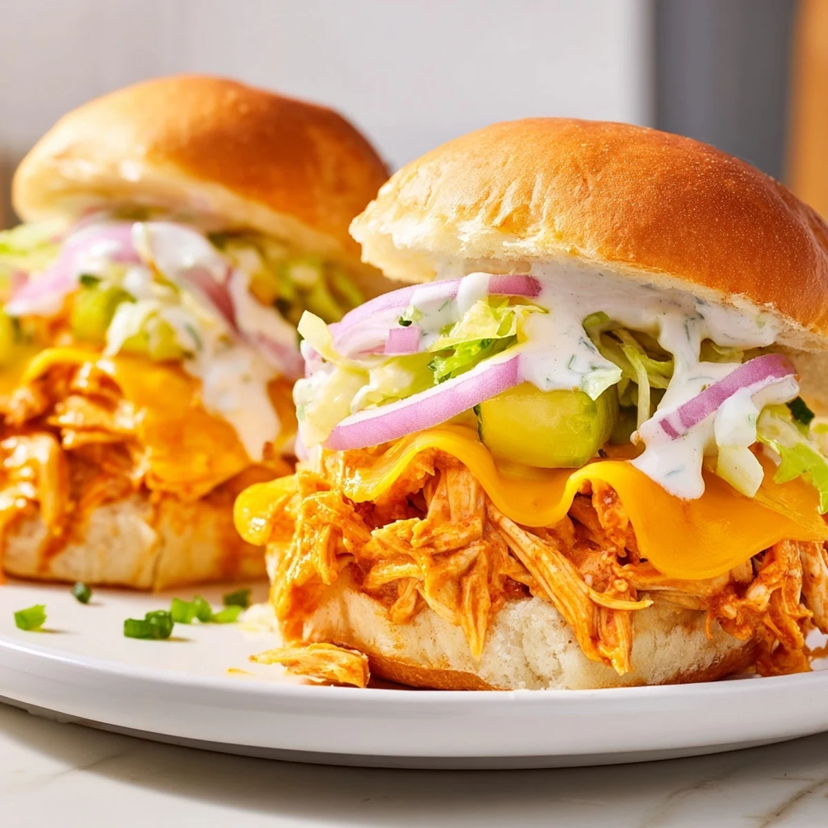 Juicy buffalo chicken piled high on slider buns, drizzled with ranch and garnished with red onion.