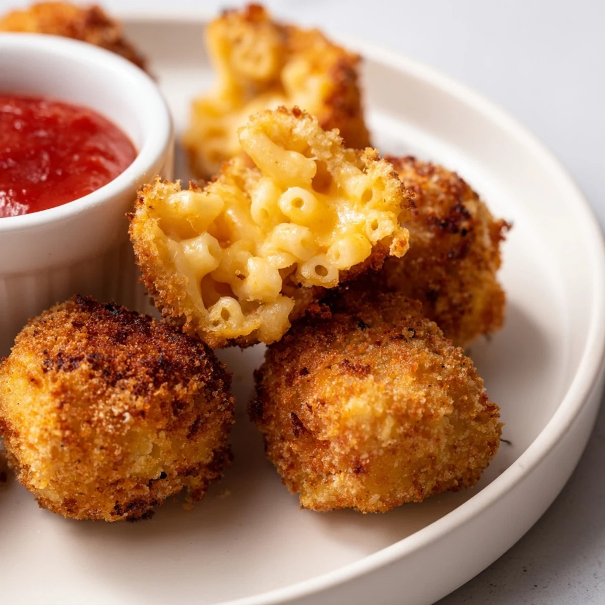 A close-up of one Fried Macaroni and Cheese Ball with Marinara, showing creamy cheddar melting from the center.