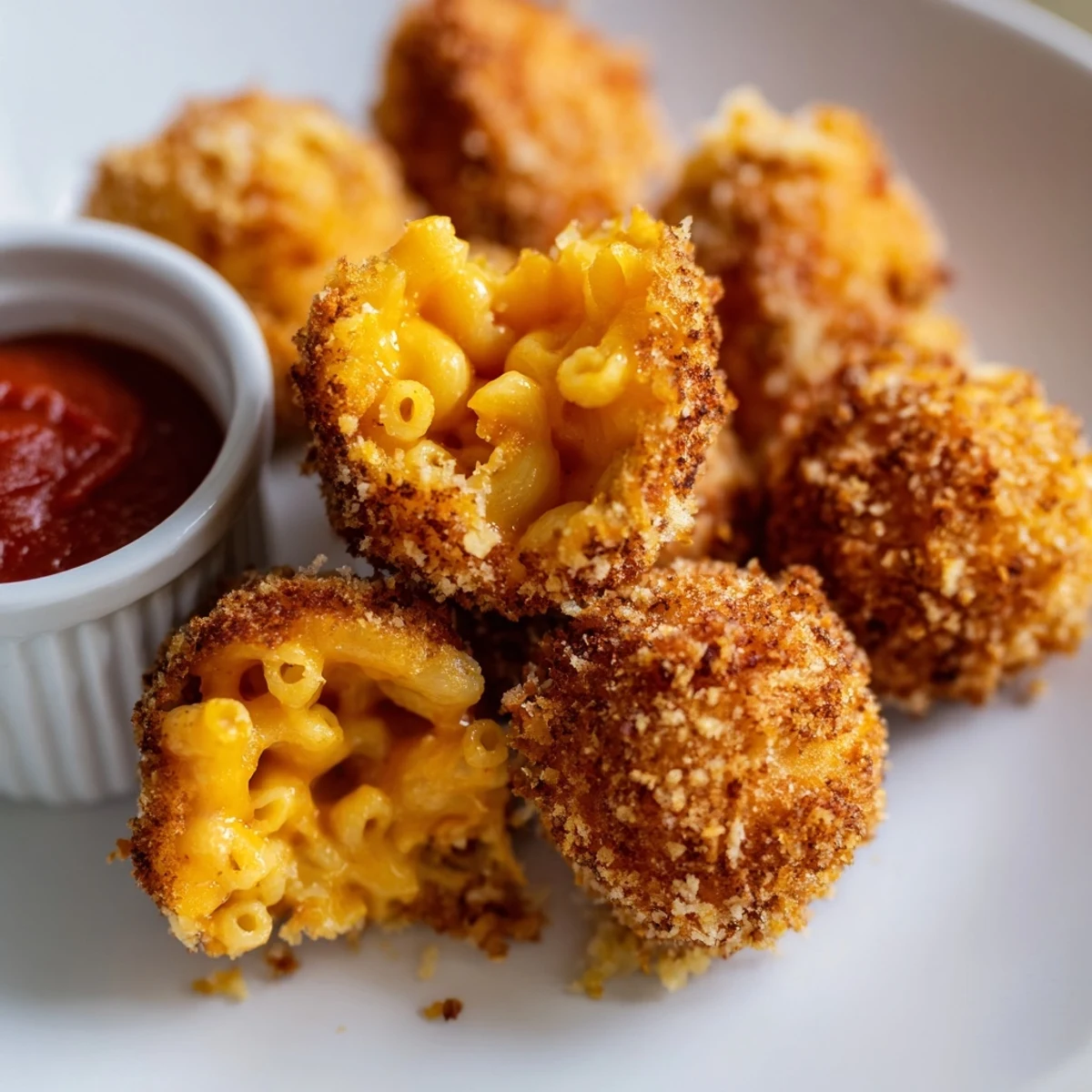 A hand dipping a Fried Macaroni and Cheese Ball with Marinara into a small ramekin of tangy red sauce.