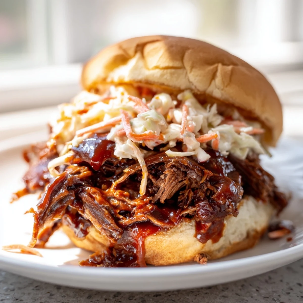 Tender shredded beef shoulder piled high on toasted buns with tangy BBQ and coleslaw.