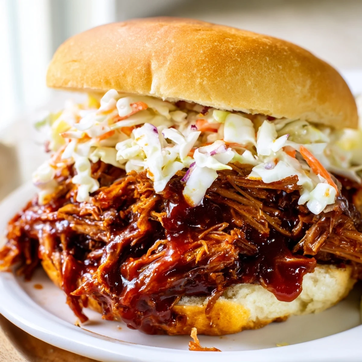 Juicy pulled beef sandwiches served with pickles and creamy coleslaw for a classic cookout.