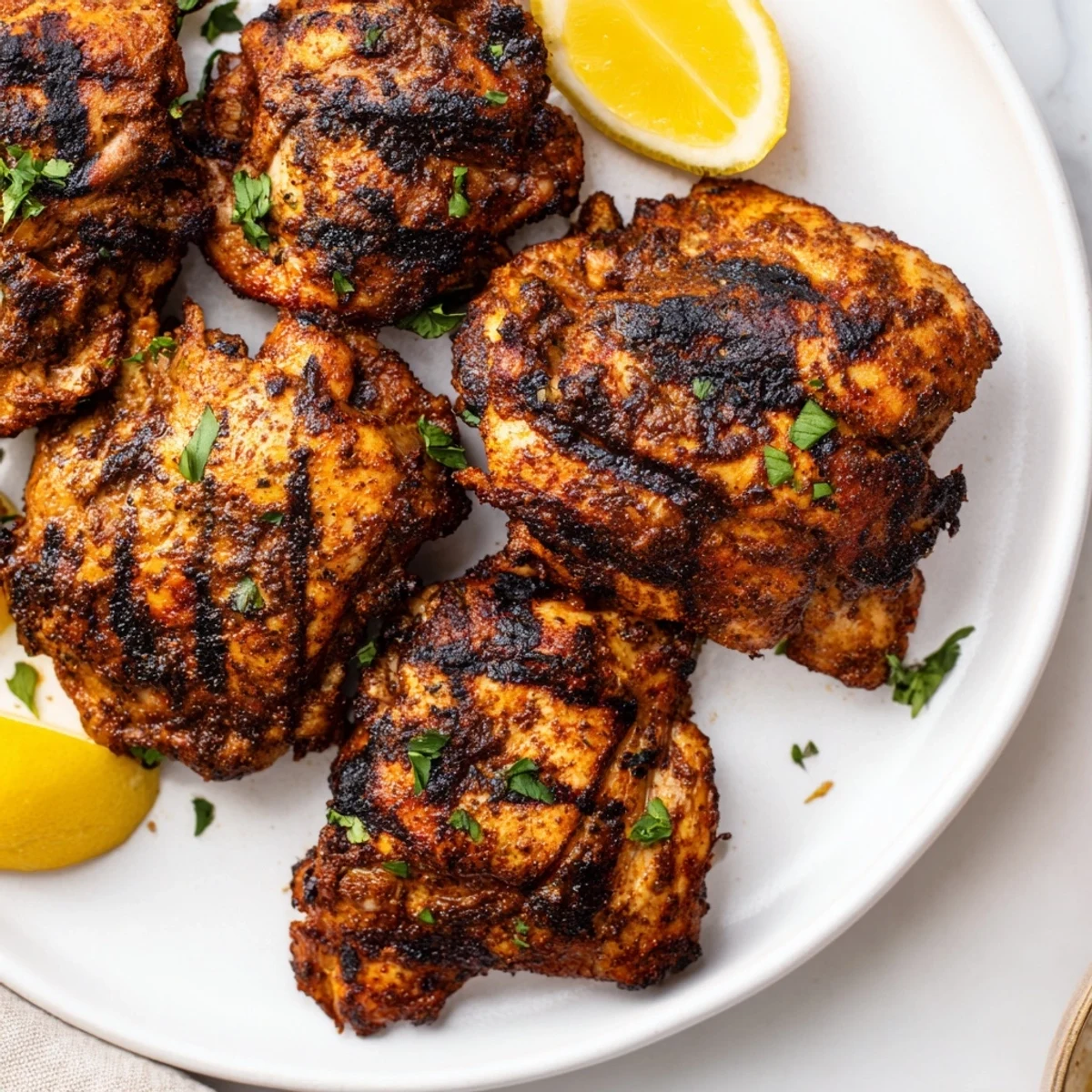 A close-up of Cajun Spiced Grilled Chicken Thighs with smoky grill marks, perfect for summer barbecue nights.
