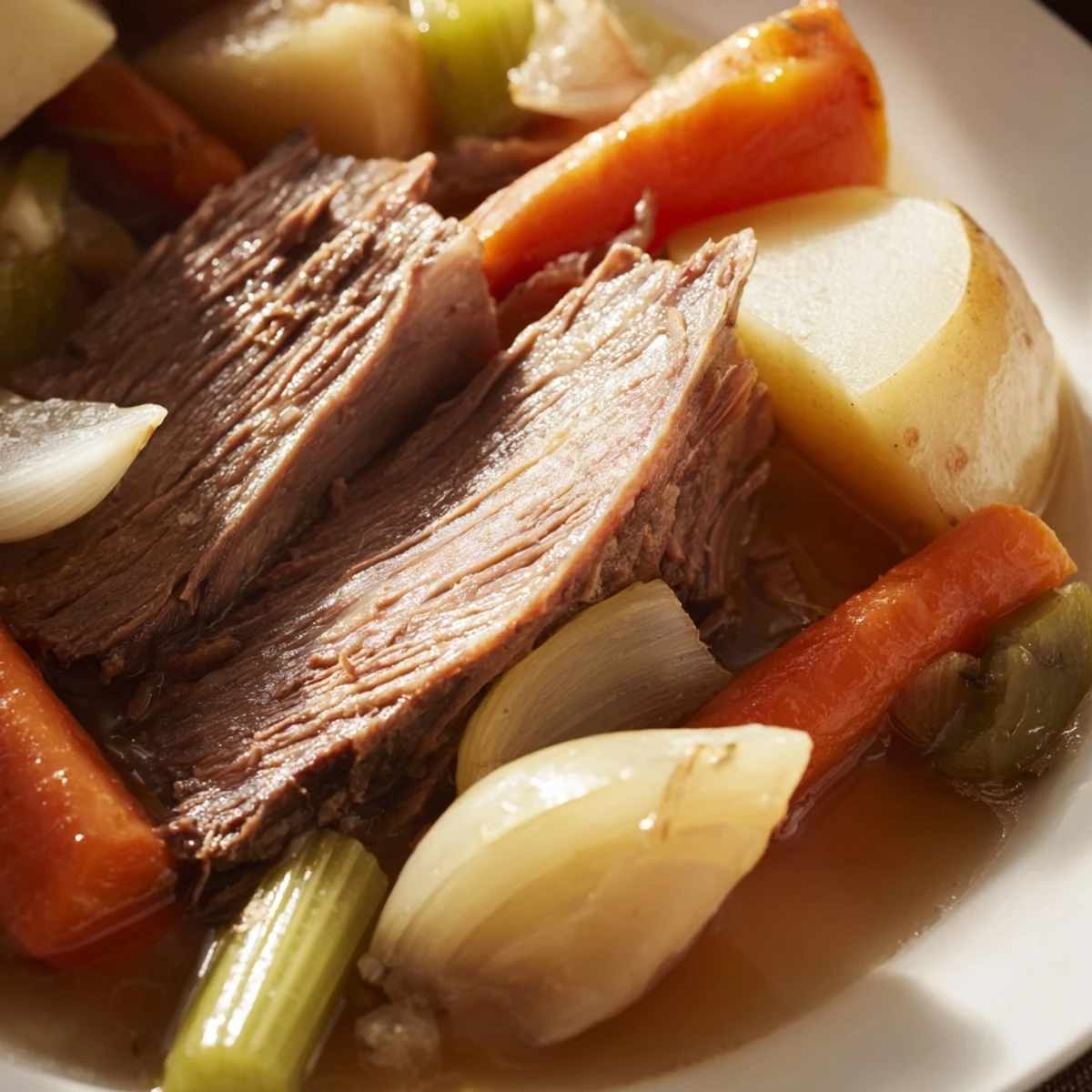 Slow Cooker Beef Pot Roast with Root Vegetables in a rustic crockpot, showcasing juicy beef chunks and soft carrots in a glossy, aromatic broth.