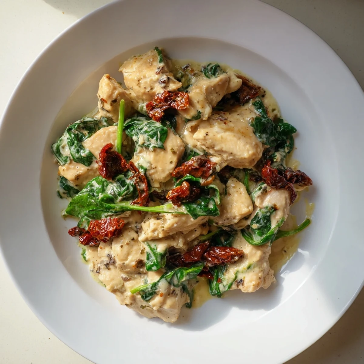 Creamy Garlic Chicken with Spinach and Sundried Tomatoes served hot over fettuccine, garnished with fresh basil and Parmesan.  
