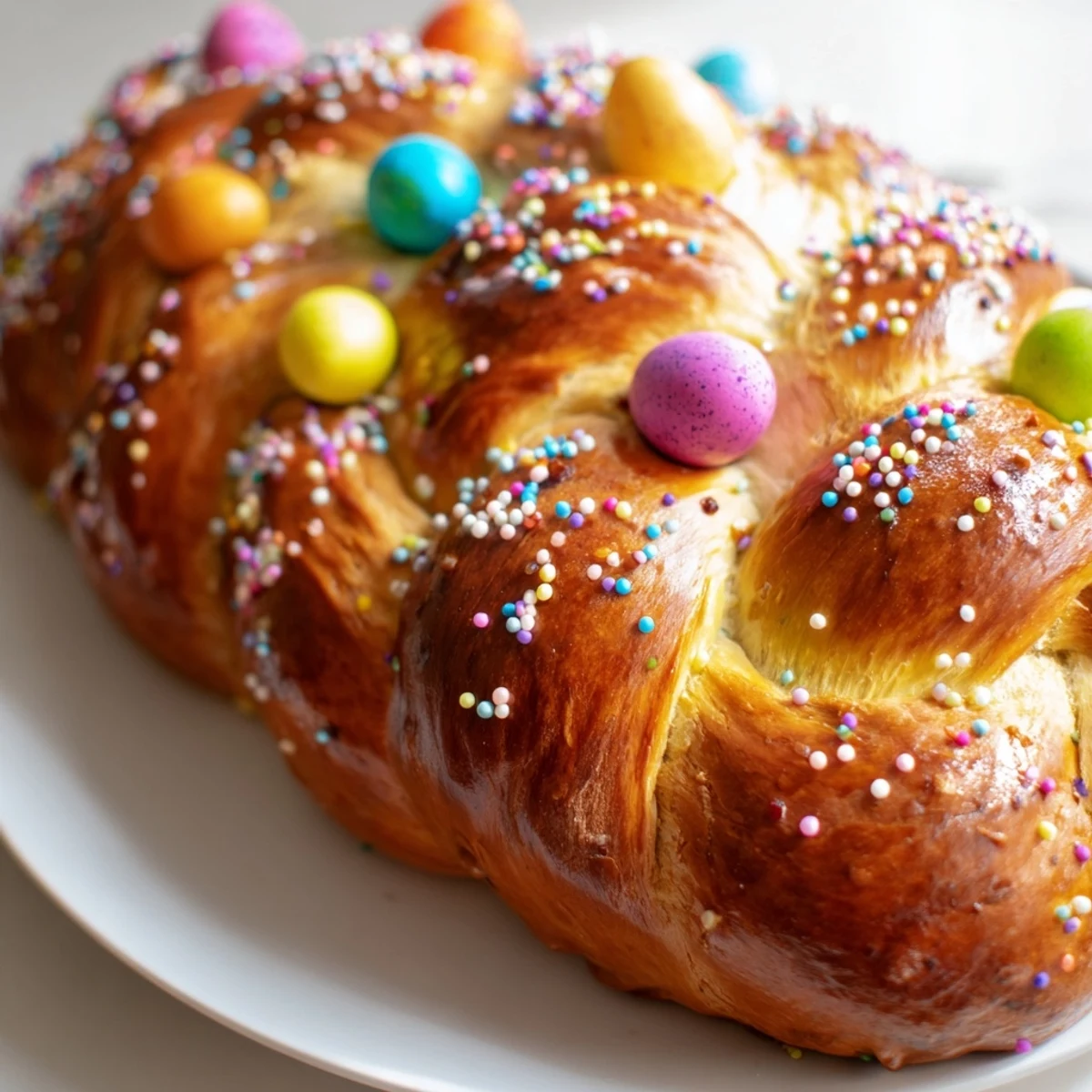 A close-up of freshly baked Easter Bread with Colored Eggs reveals a soft, fluffy crumb and vibrant spring-colored eggs tucked into the golden braid.