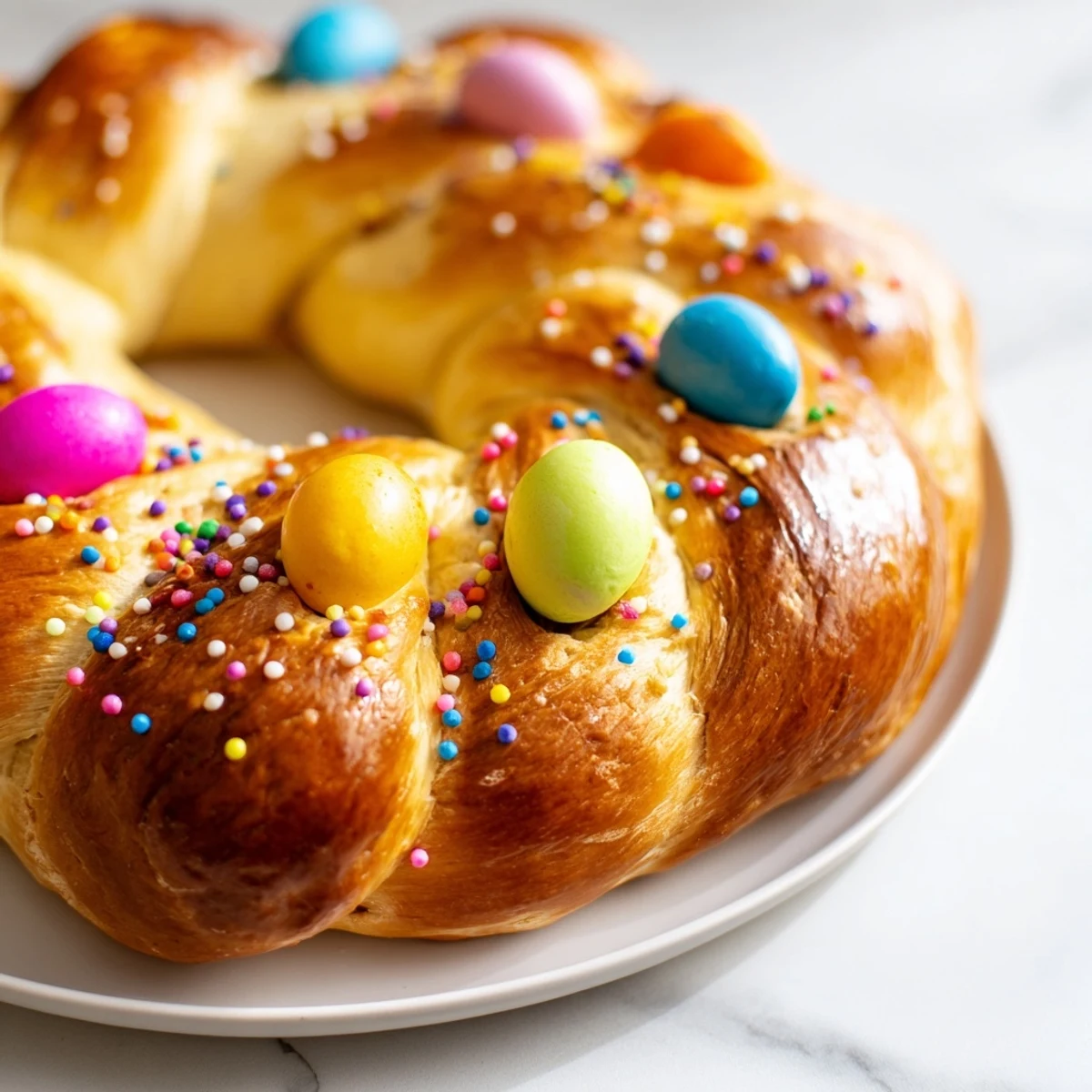 Golden-brown Easter Bread with Colored Eggs rests on a rustic wooden board, showcasing a tender braided crust and vividly dyed eggs nestled within the dough.