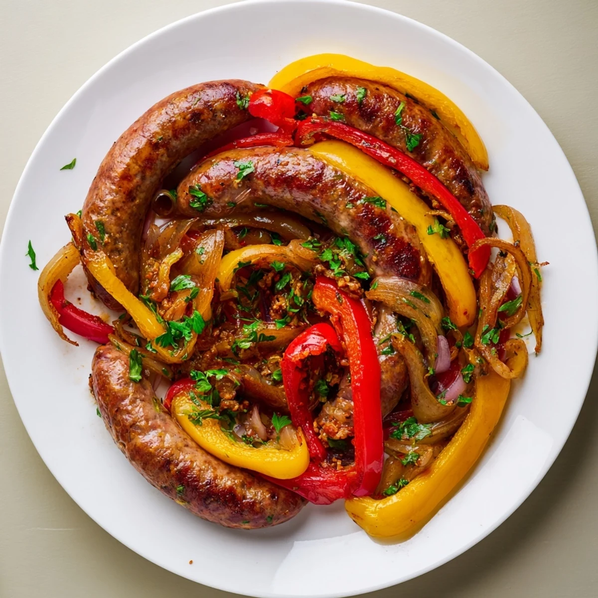 Sizzling beef sausages and colorful bell peppers cook together in a skillet, creating a fragrant, juicy, and vibrant weeknight dinner. 