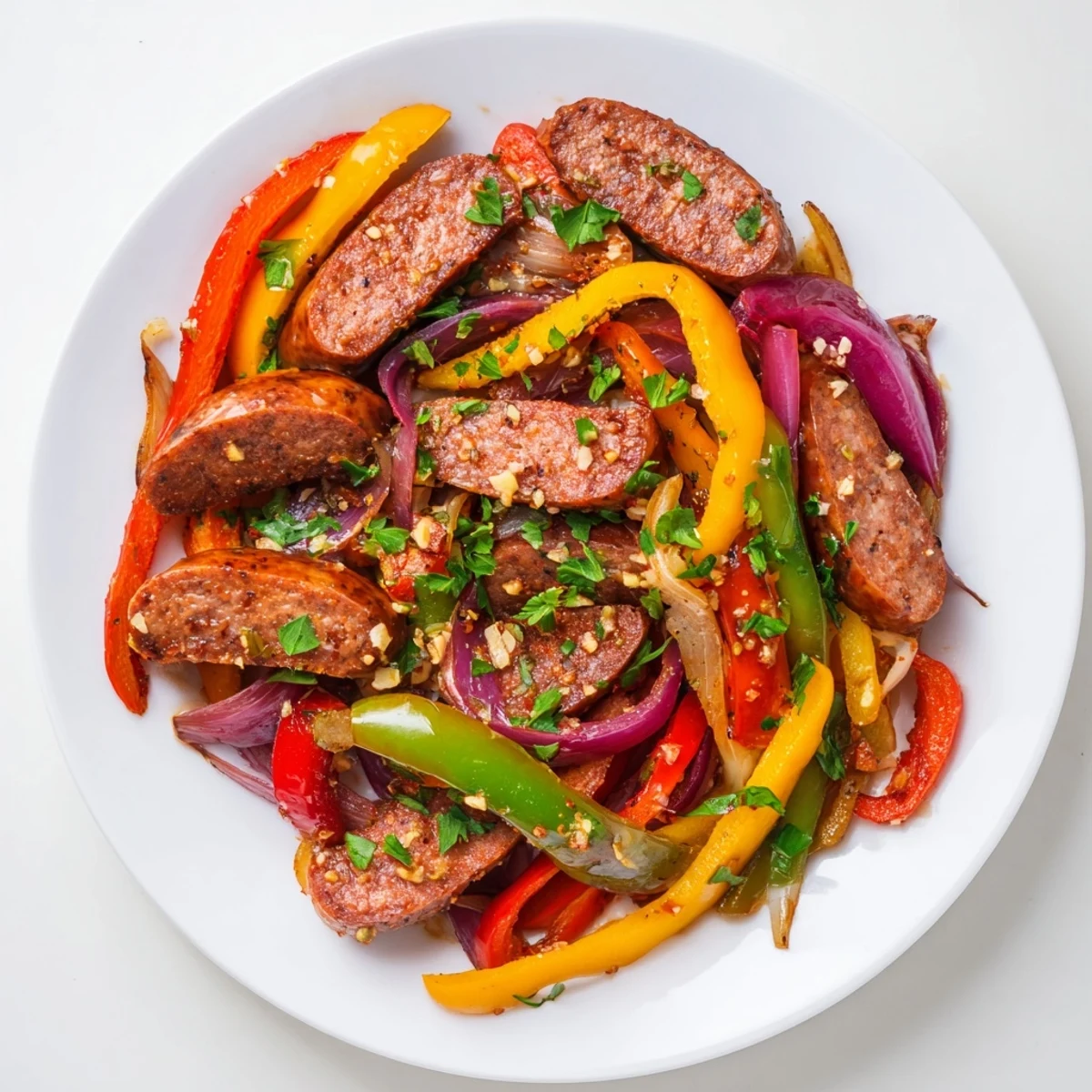 A close-up view of a skillet filled with tender beef sausage slices and caramelized peppers, garnished with fresh parsley for a fresh finish. 