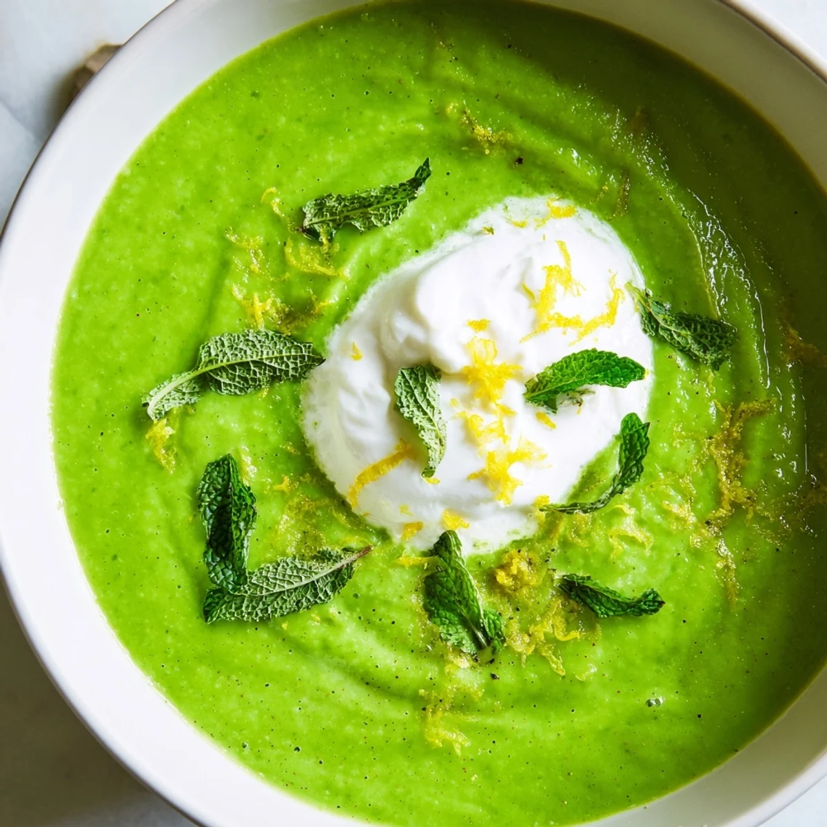 A bowl of vibrant green Spring Pea Soup with Mint and Crème Fraîche, garnished with fresh mint leaves and a swirl of tangy crème fraîche.  