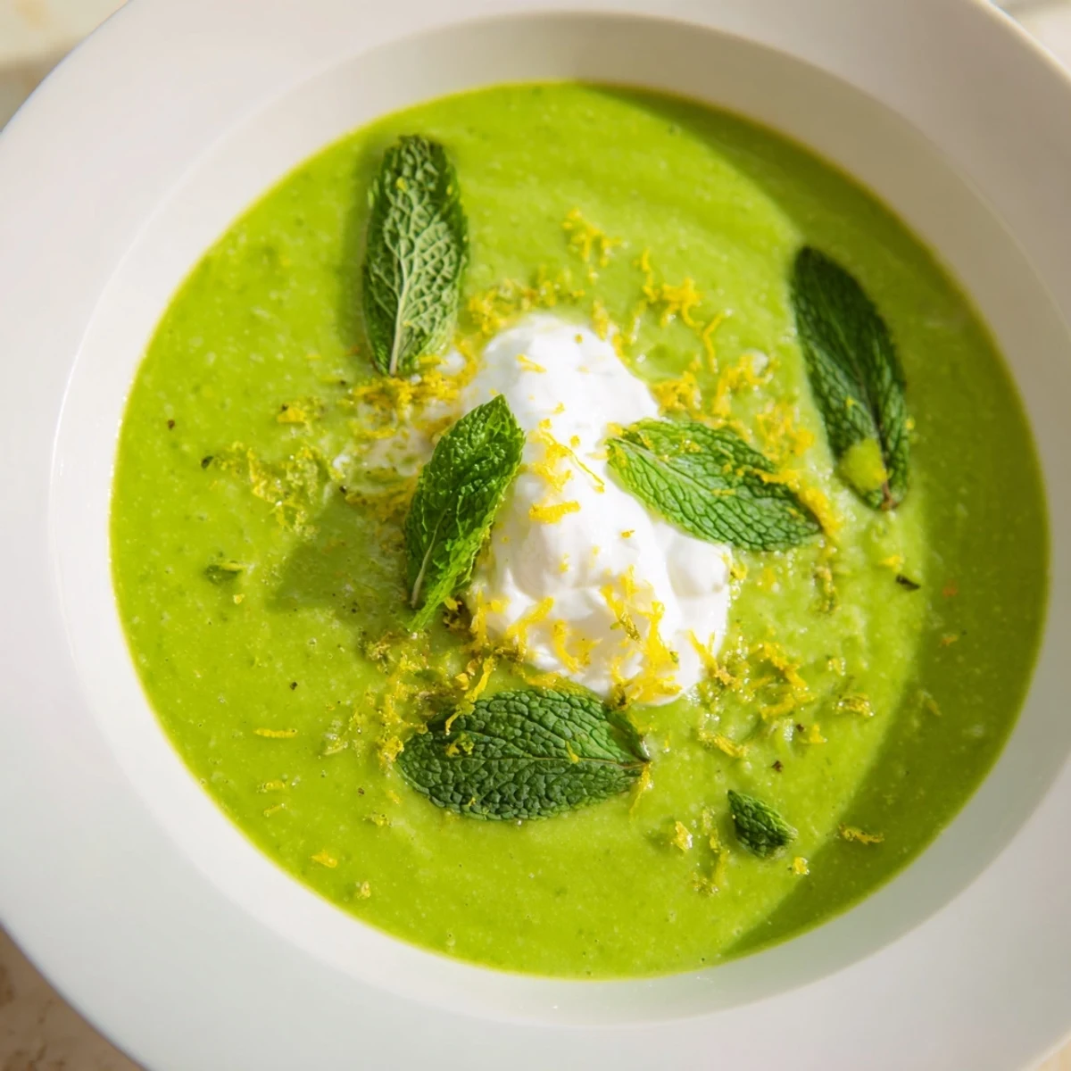Smooth, velvety Spring Pea Soup with Mint and Crème Fraîche, served warm in a rustic bowl with a lemon zest garnish.  