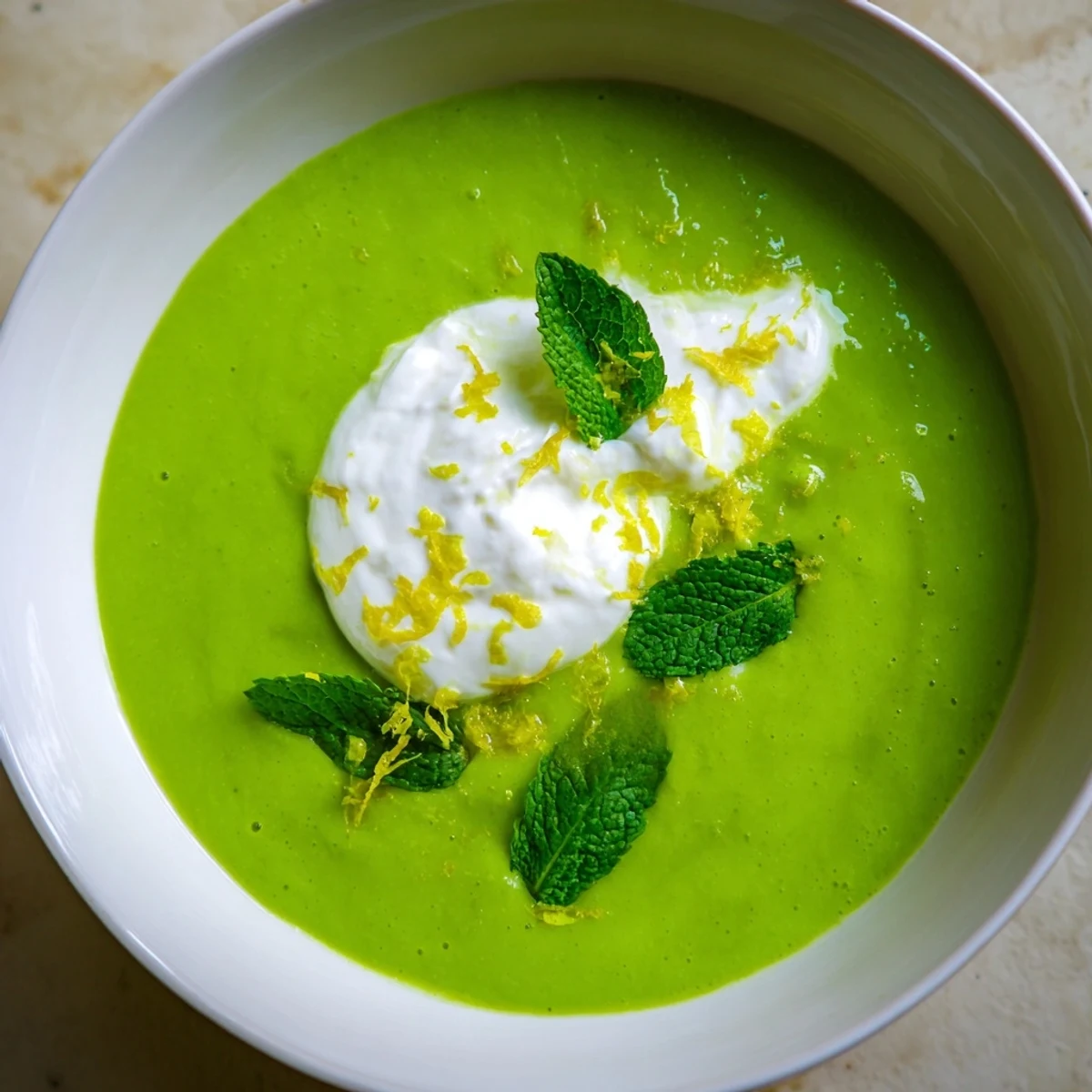 Bright Spring Pea Soup with Mint and Crème Fraîche, featuring fresh peas and herbs for a light, elegant starter.