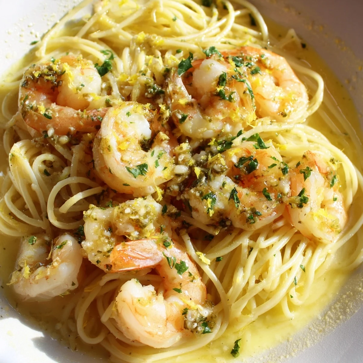Fork twirls of al dente spaghetti coated in zesty lemon garlic butter sauce, topped with sautéed shrimp.