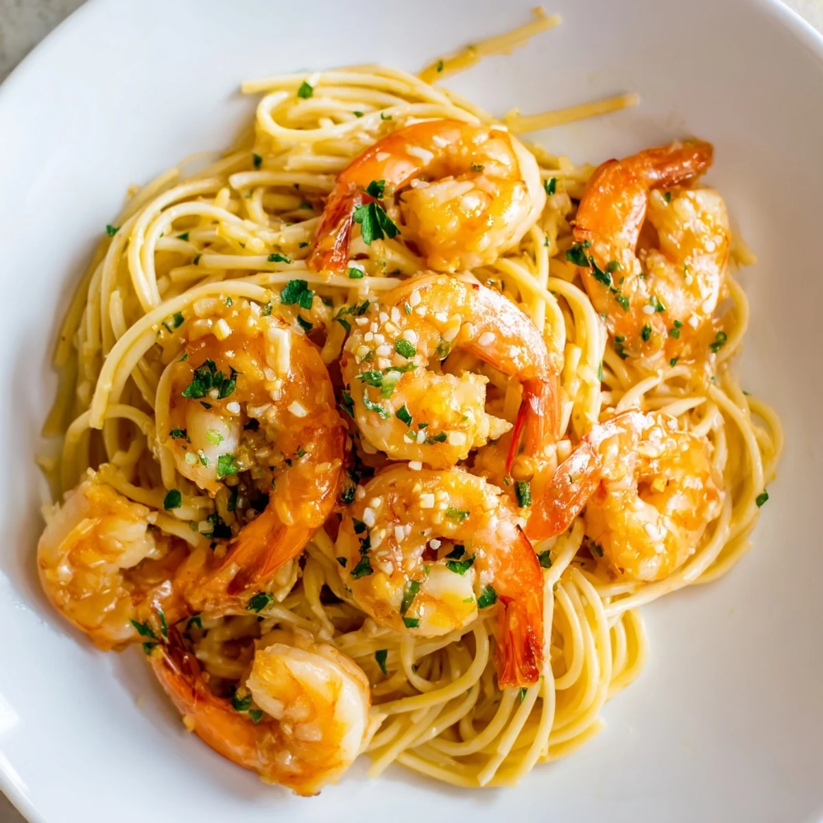 Brightly colored Lemon Garlic Butter Shrimp with Pasta tossed in a shimmering sauce with fresh parsley garnish.