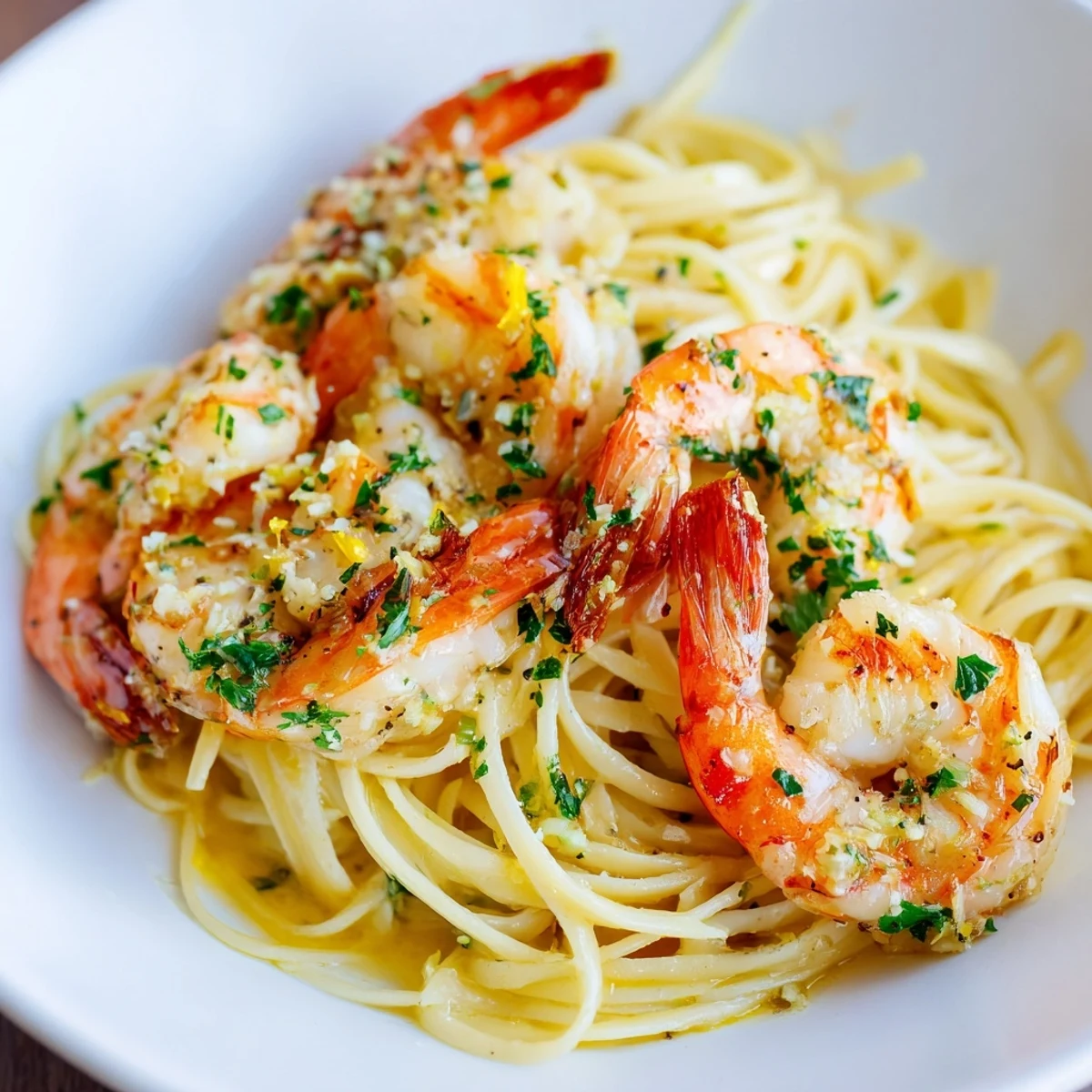 Sizzling skillet of Lemon Garlic Butter Shrimp with Pasta served with lemon wedges and grated Parmesan.