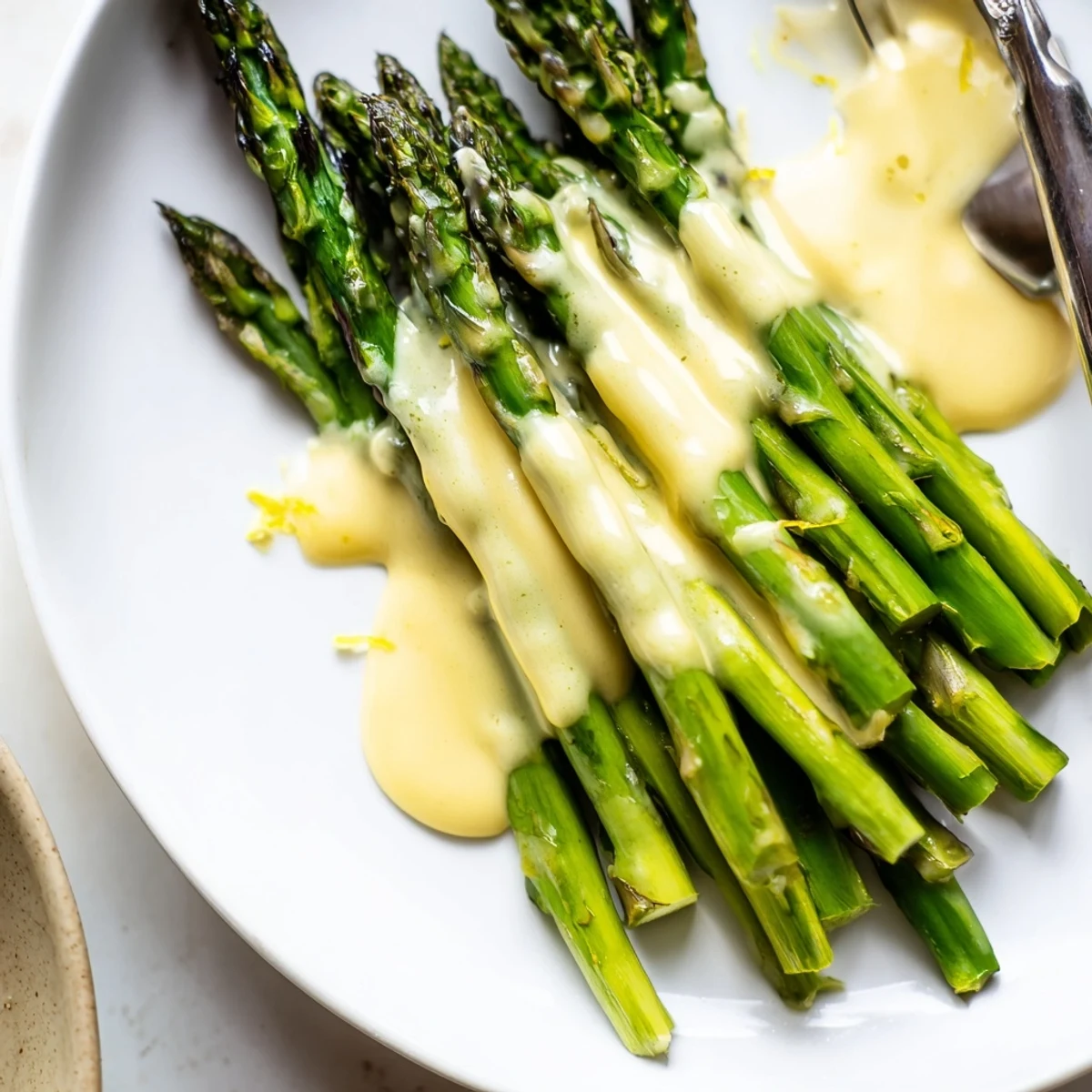 Elegant spring side dish: perfectly roasted asparagus topped with a generous spoonful of warm, buttery Hollandaise sauce, ready to serve.