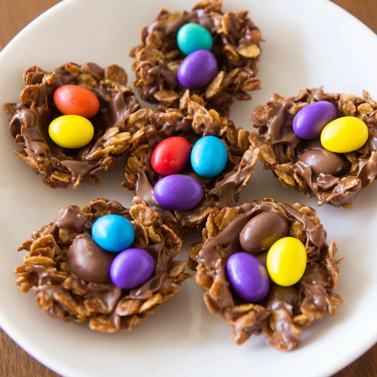 A close-up of chocolate Easter egg nests in a muffin tin, with glossy melted chocolate holding crispy cornflakes and topped with pastel candy eggs.