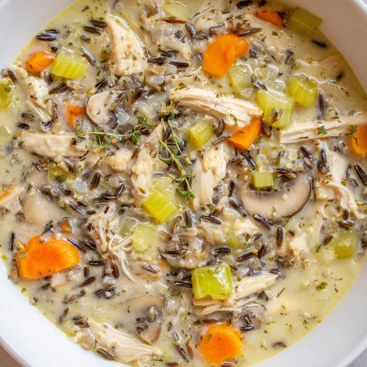 A close-up of a ladle pouring creamy Instant Pot Chicken and Wild Rice Soup into a white ceramic bowl, garnished with fresh parsley.