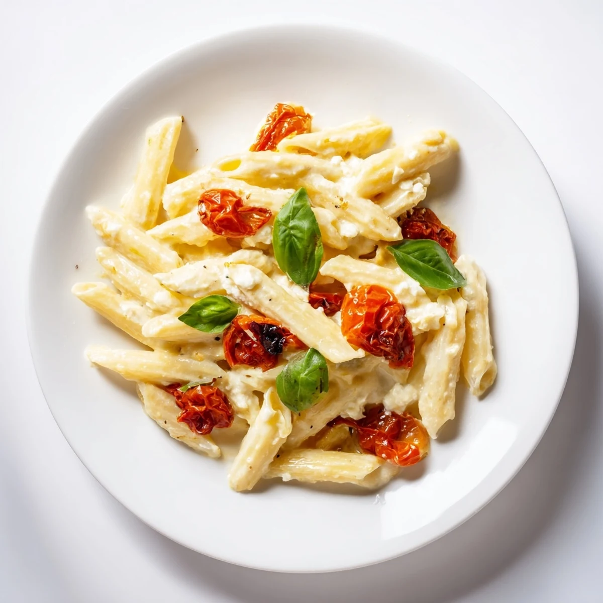 Creamy Baked Feta Pasta with Cherry Tomatoes and Basil in a white dish, topped with fresh basil leaves.