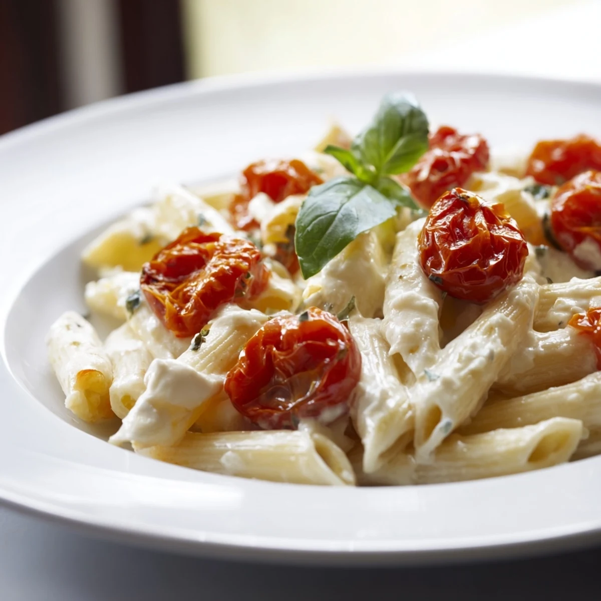Golden Baked Feta Pasta with Cherry Tomatoes and Basil served on a plate with a side salad.