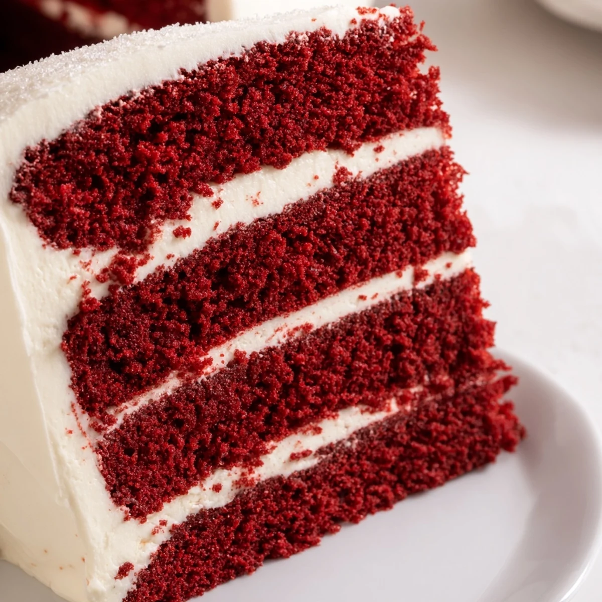 A slice of Red Velvet Layer Cake with Cream Cheese Frosting showcases moist red layers and fluffy white frosting.